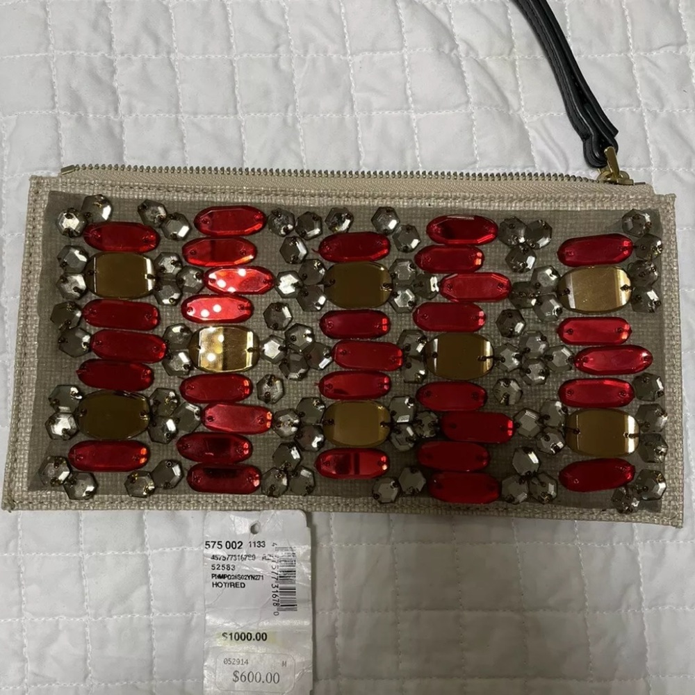 Marni red crystal embellished natural wristlet